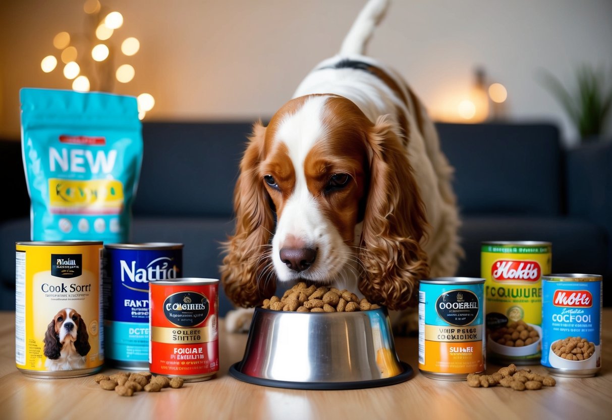 A cocker spaniel eagerly sniffs a bowl of new dog food, surrounded by various bags and cans of different brands