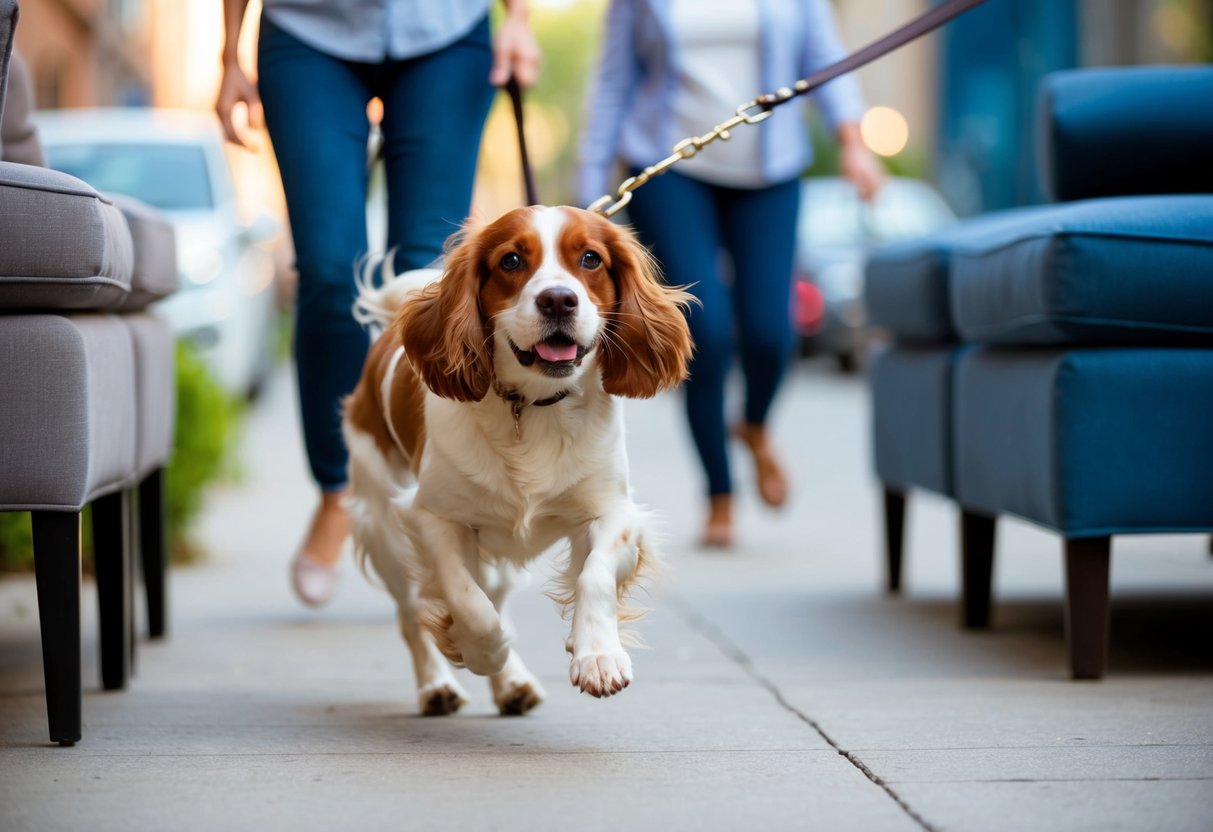 A spaniel displaying disobedience by jumping on furniture and pulling on the leash during a walk