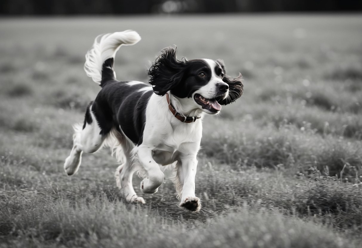 A happy spaniel running through a field, tail wagging and ears flapping in the wind