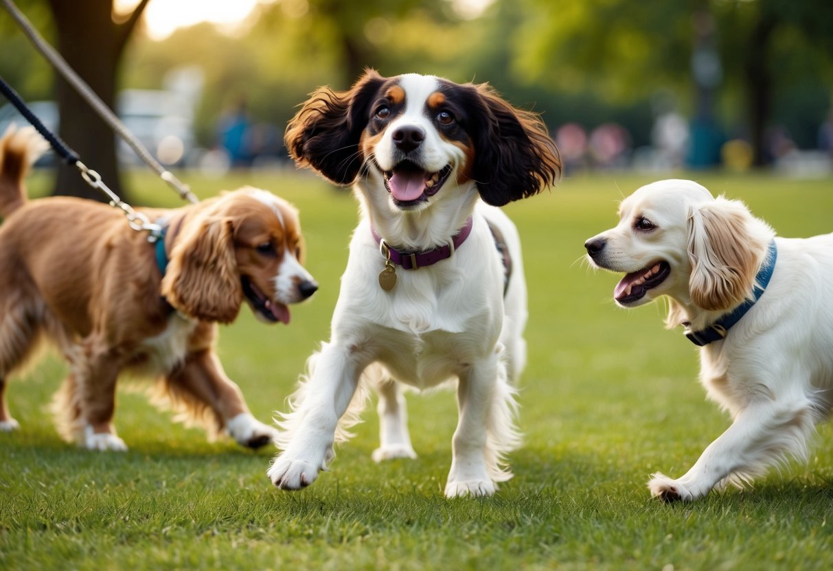 A cheerful spaniel with wagging tail, friendly eyes, and a playful demeanor, interacting with other dogs in a park setting