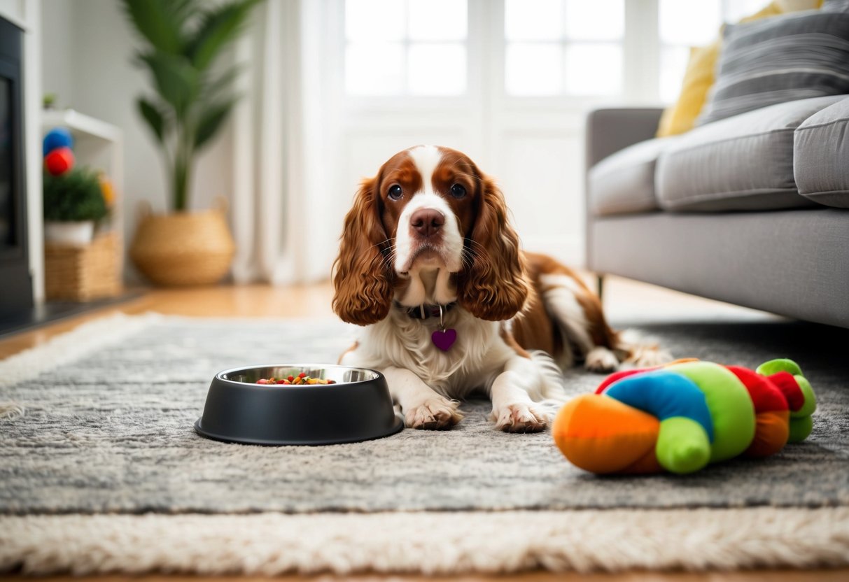 A content spaniel lounges on a cozy rug in a well-lit living room, surrounded by toys and a food bowl