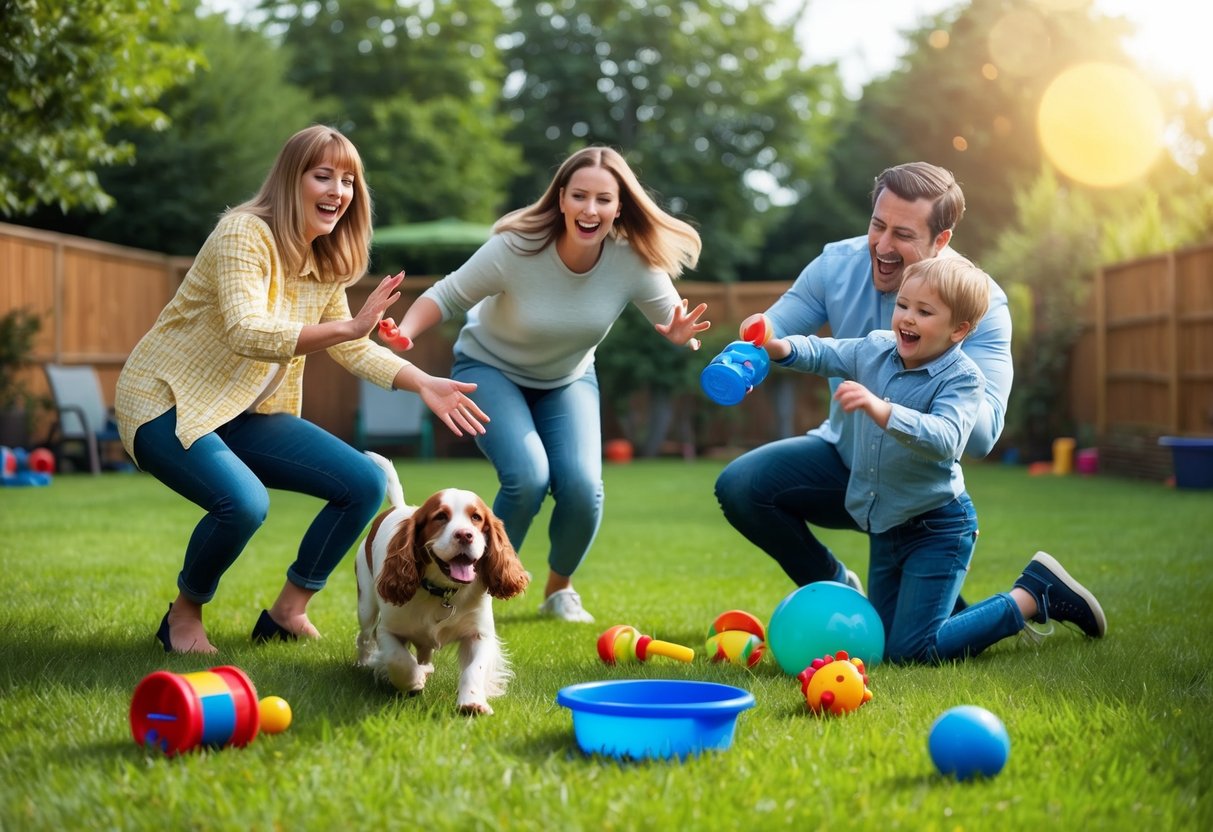 A joyful family playing in a spacious backyard with a friendly and energetic spaniel, surrounded by toys and a water bowl