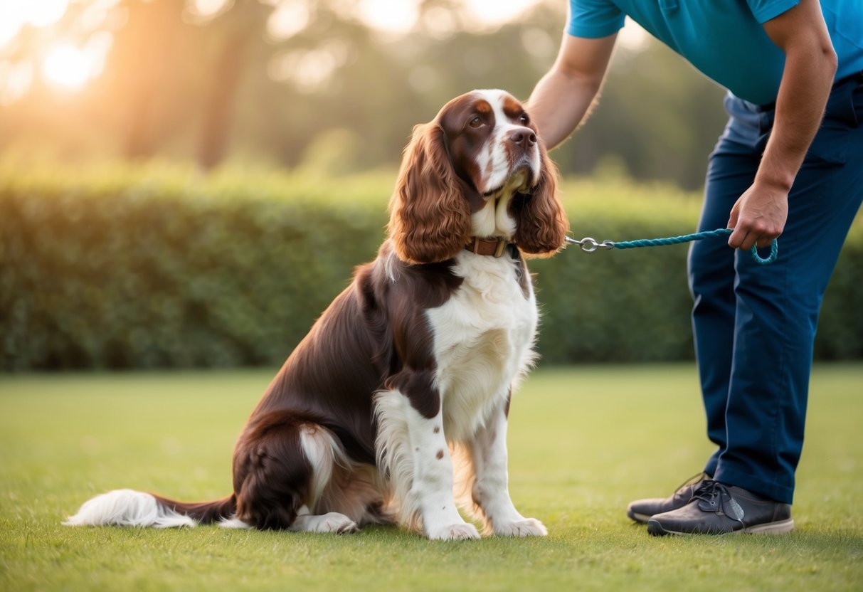 A loyal spaniel sits beside its owner during a training session, displaying a calm and attentive temperament