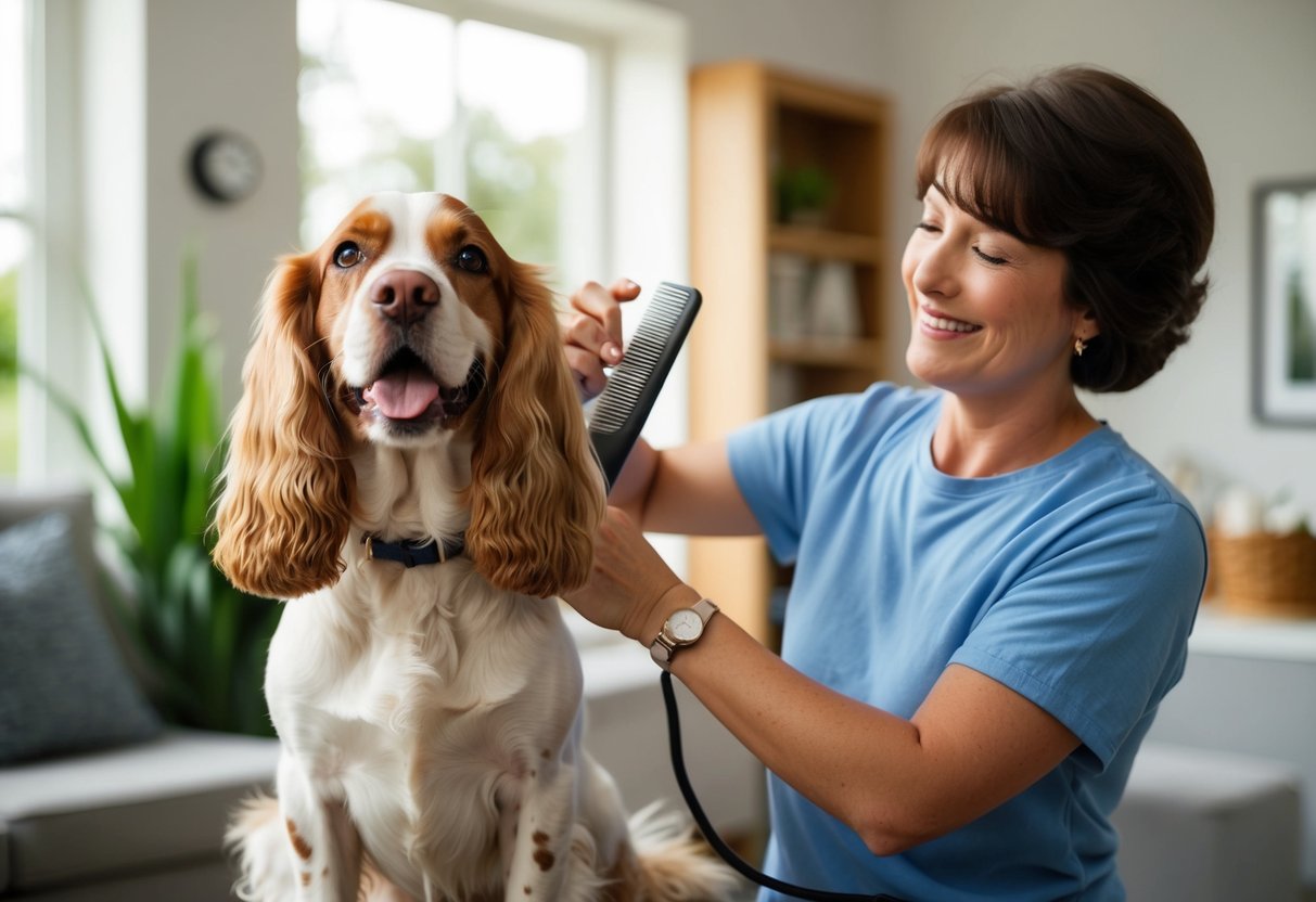 A happy spaniel with a shiny coat, being groomed by a family member in a cozy home setting