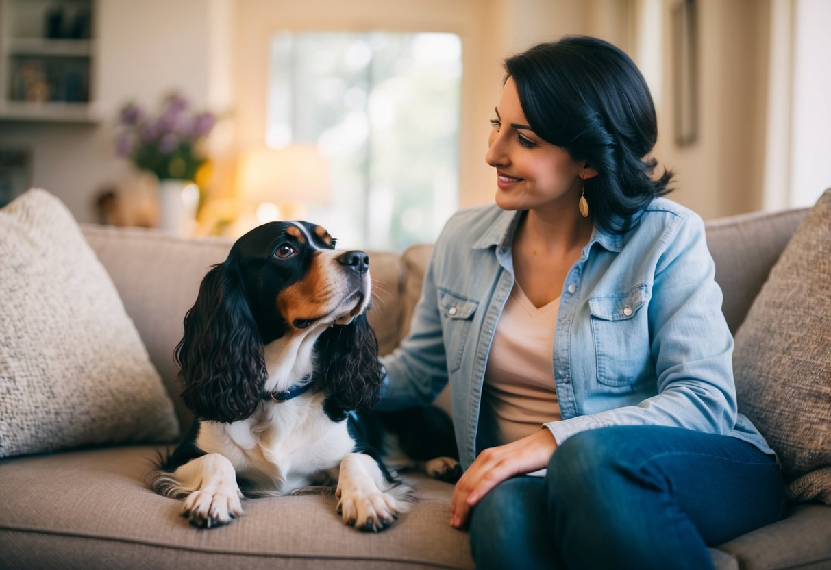A spaniel lounges on a cozy couch, looking up at its owner with adoring eyes. A warm and inviting home surrounds them, with soft lighting and comfortable furnishings