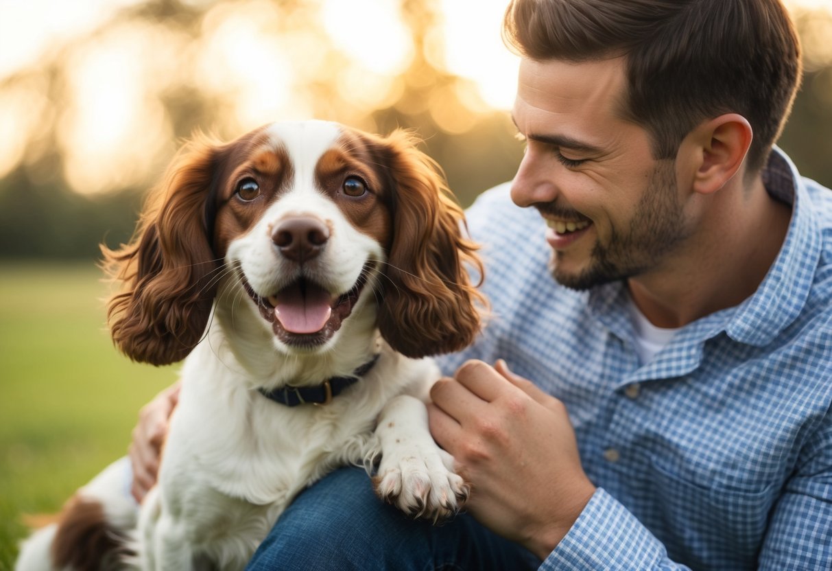 A cheerful spaniel with a wagging tail, playing and cuddling with its owner
