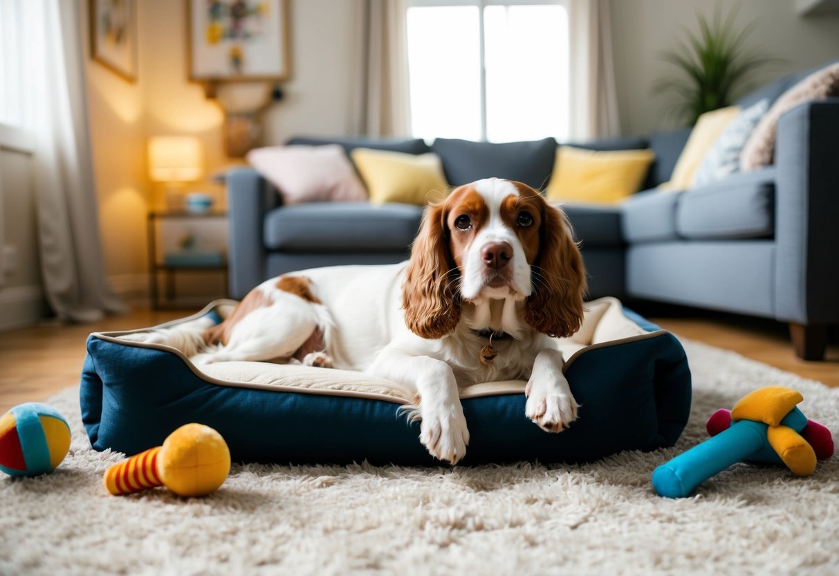 A spaniel lounges contentedly on a plush rug in a cozy living room, surrounded by toys and a comfortable bed
