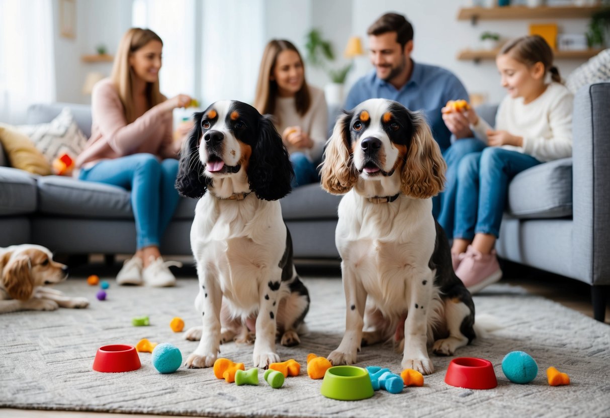 Two spaniels sitting calmly in a living room, surrounded by toys and treats. A family is seen in the background, engaging with the dogs