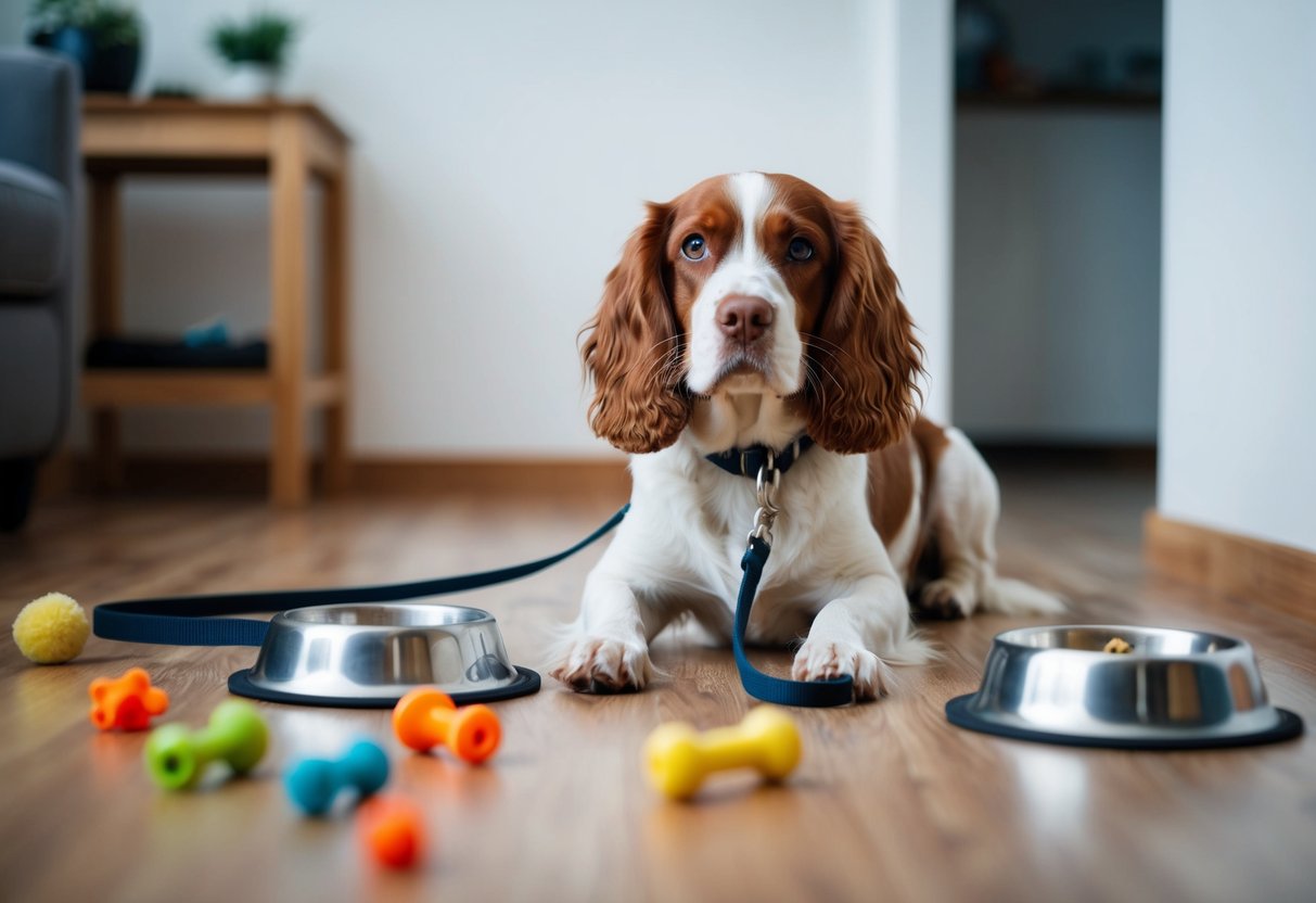 A spaniel sits alone, leash untouched, surrounded by scattered toys and an empty food bowl