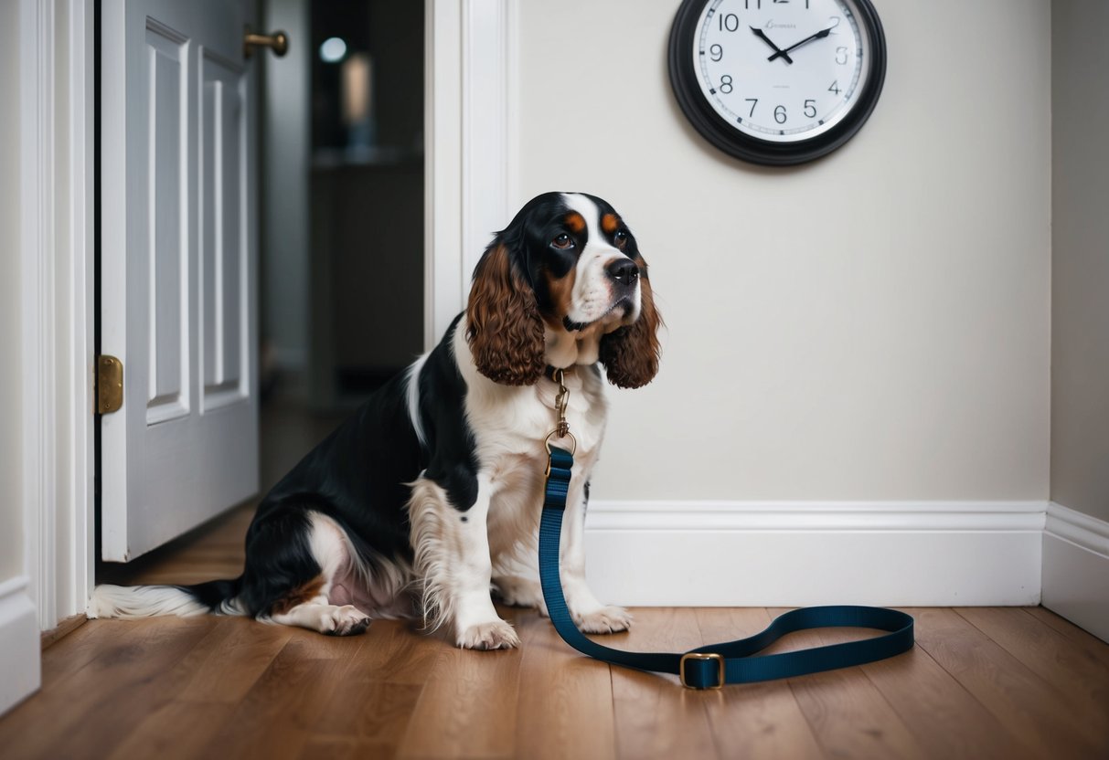 A neglected spaniel sits by the door, leash untouched, while a clock on the wall reads the time for a missed walk