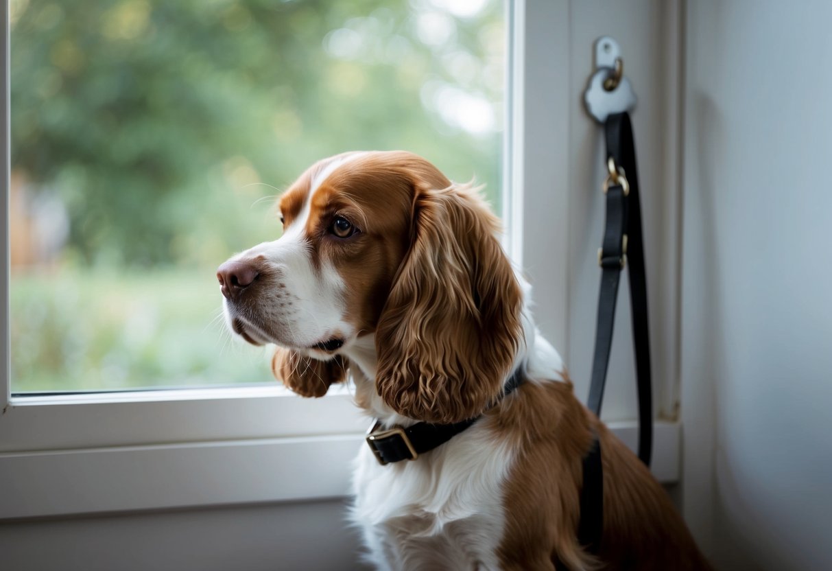 A neglected spaniel stares sadly out a window at a leash hanging untouched on a hook