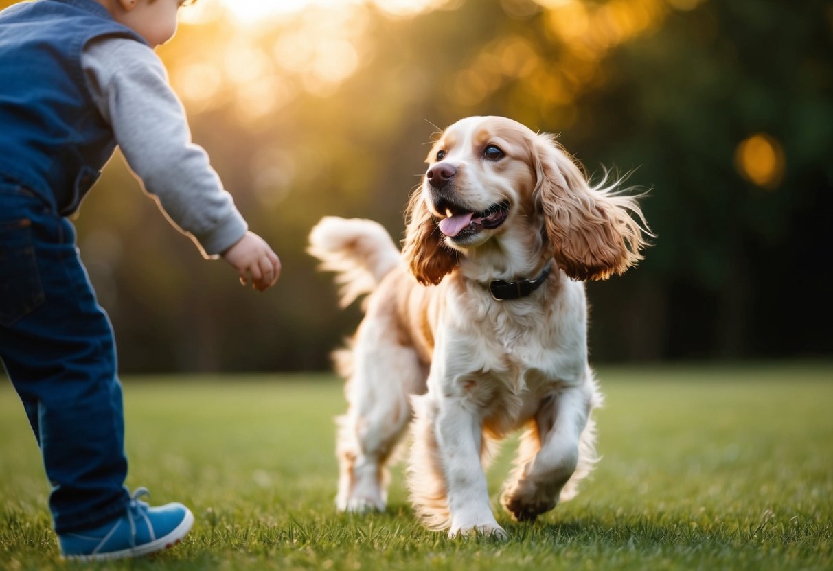 A golden spaniel wagging its tail, approaching a child with a joyful expression