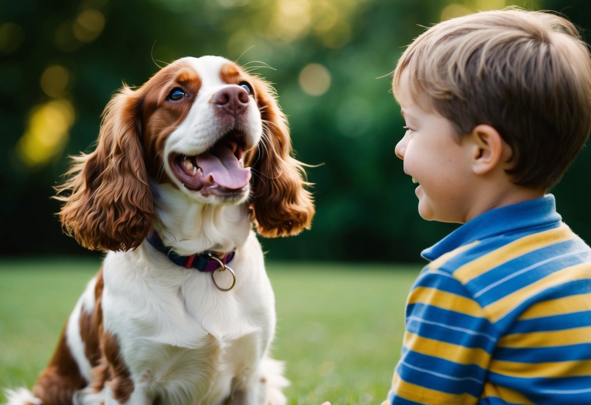 A wagging spaniel with a joyful expression, greeting a child with a wagging tail and a big, friendly smile
