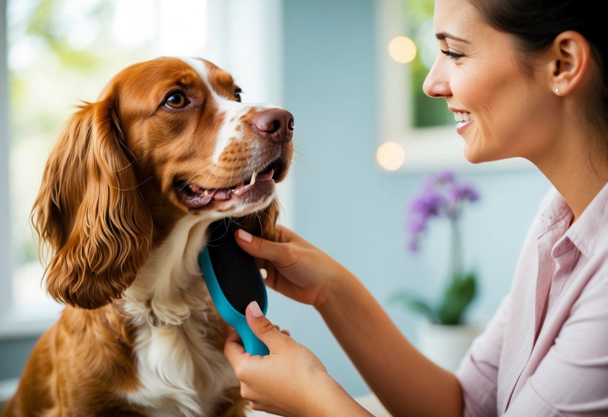 A lively spaniel with wagging tail, looking up at its owner with adoring eyes, while being gently brushed and pampered