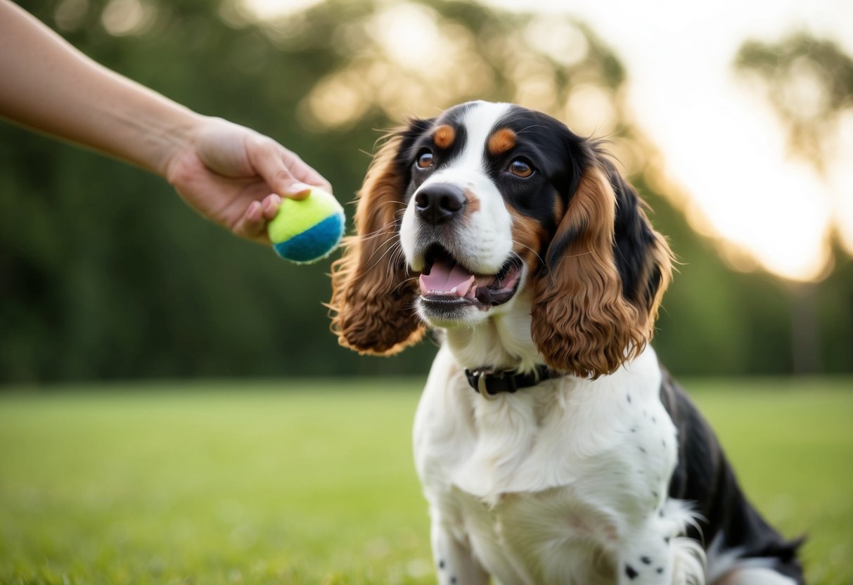A spaniel growls, ears flattened, as owner approaches with a toy