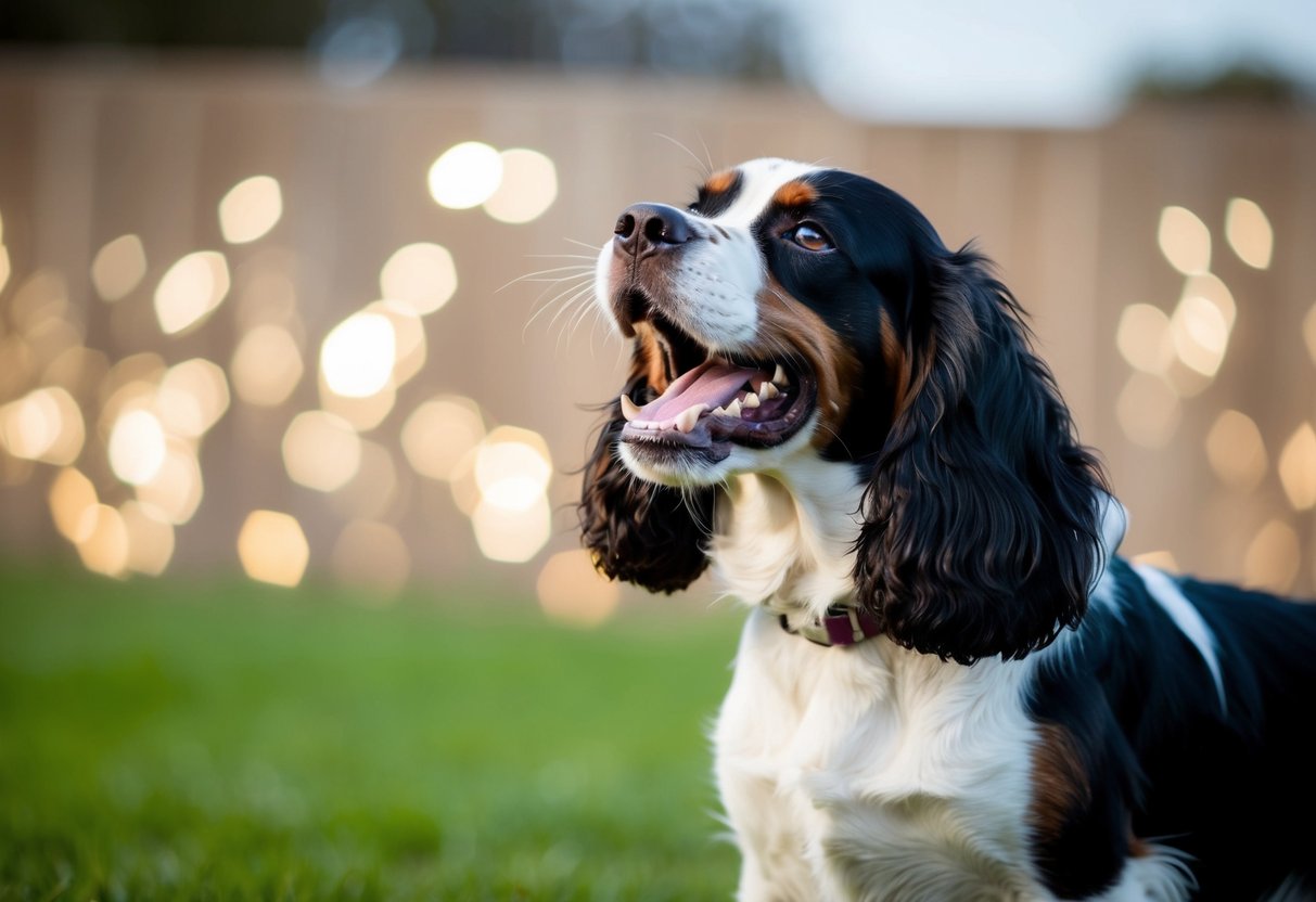 A spaniel growls with raised hackles and a tense body posture, ears pinned back and teeth bared
