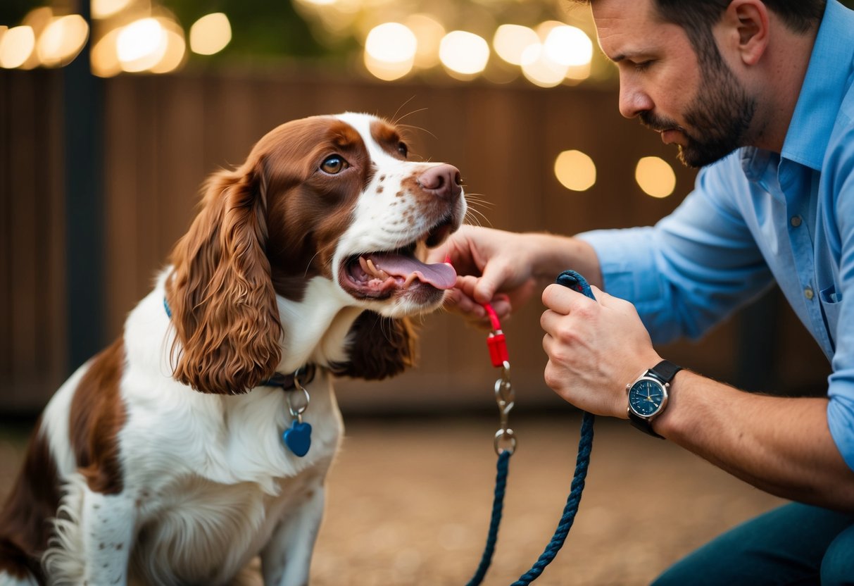 A spaniel growls while being trained with positive reinforcement techniques