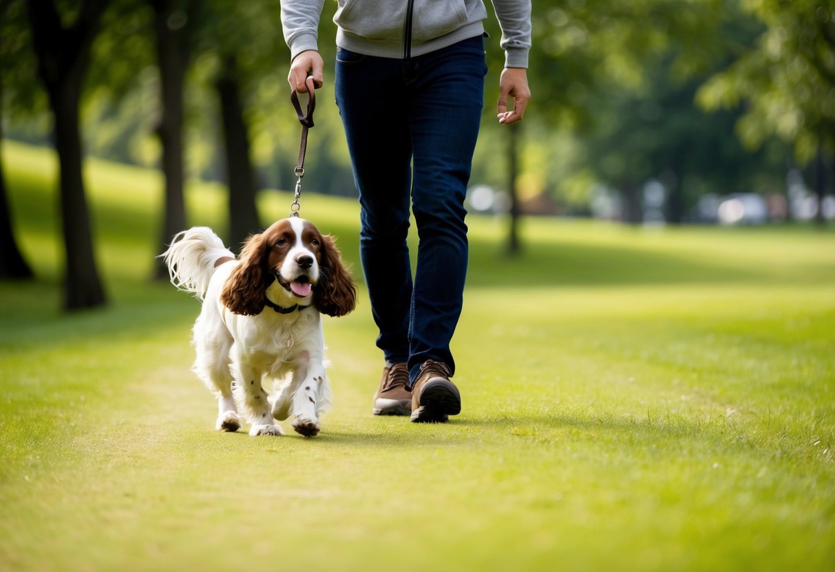 A spaniel trots beside a person, tail wagging, as they walk through a lush green park. The dog's eyes are fixed on the person, eager and attentive