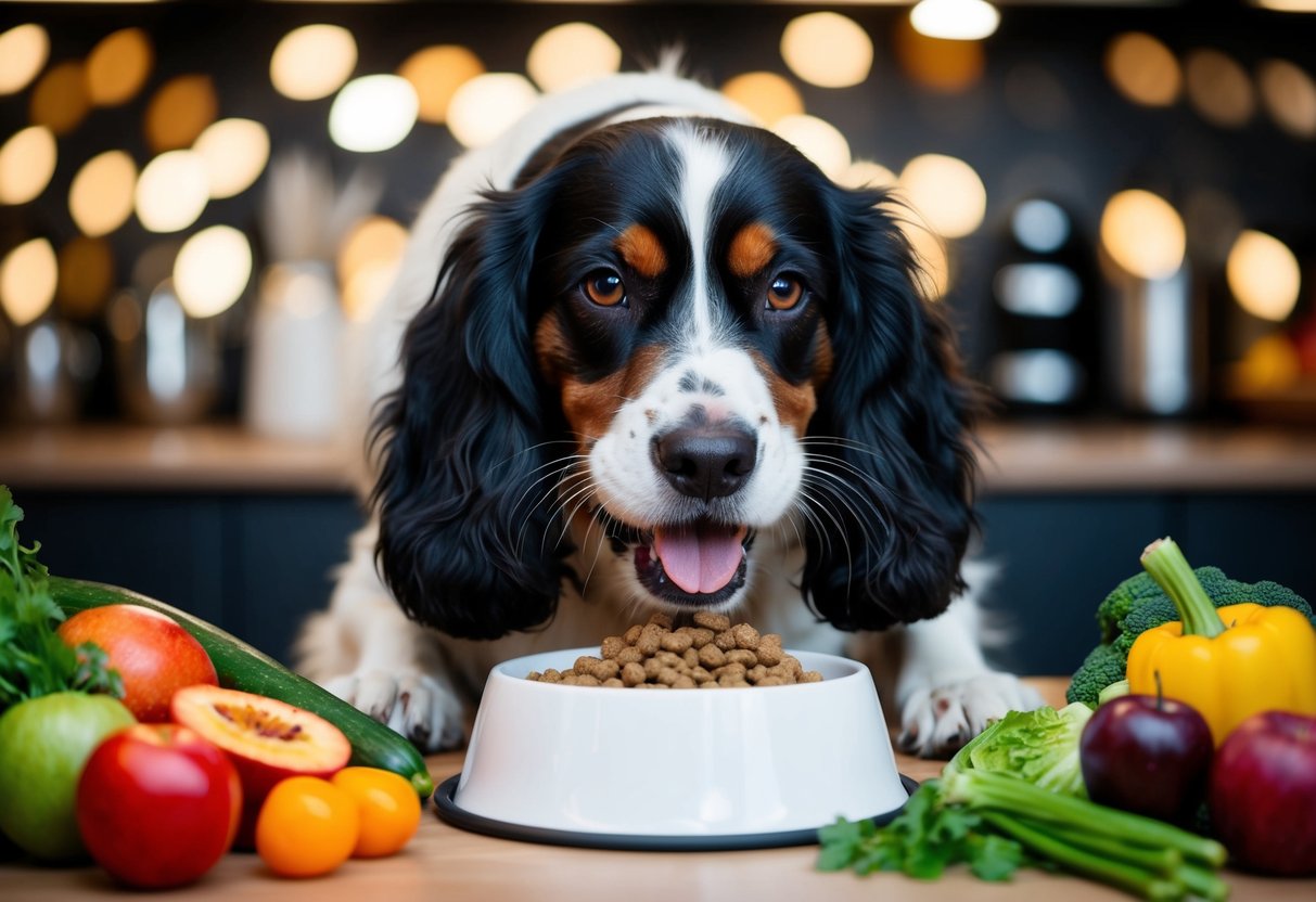 A spaniel eagerly eats a bowl of high-quality dog food, surrounded by a variety of fresh fruits and vegetables