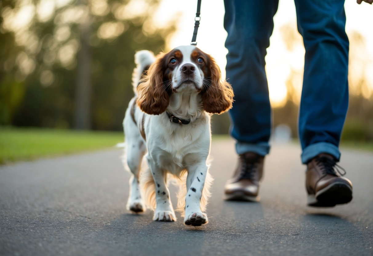 A spaniel walking closely behind a person, wagging its tail and looking up at them with adoring eyes