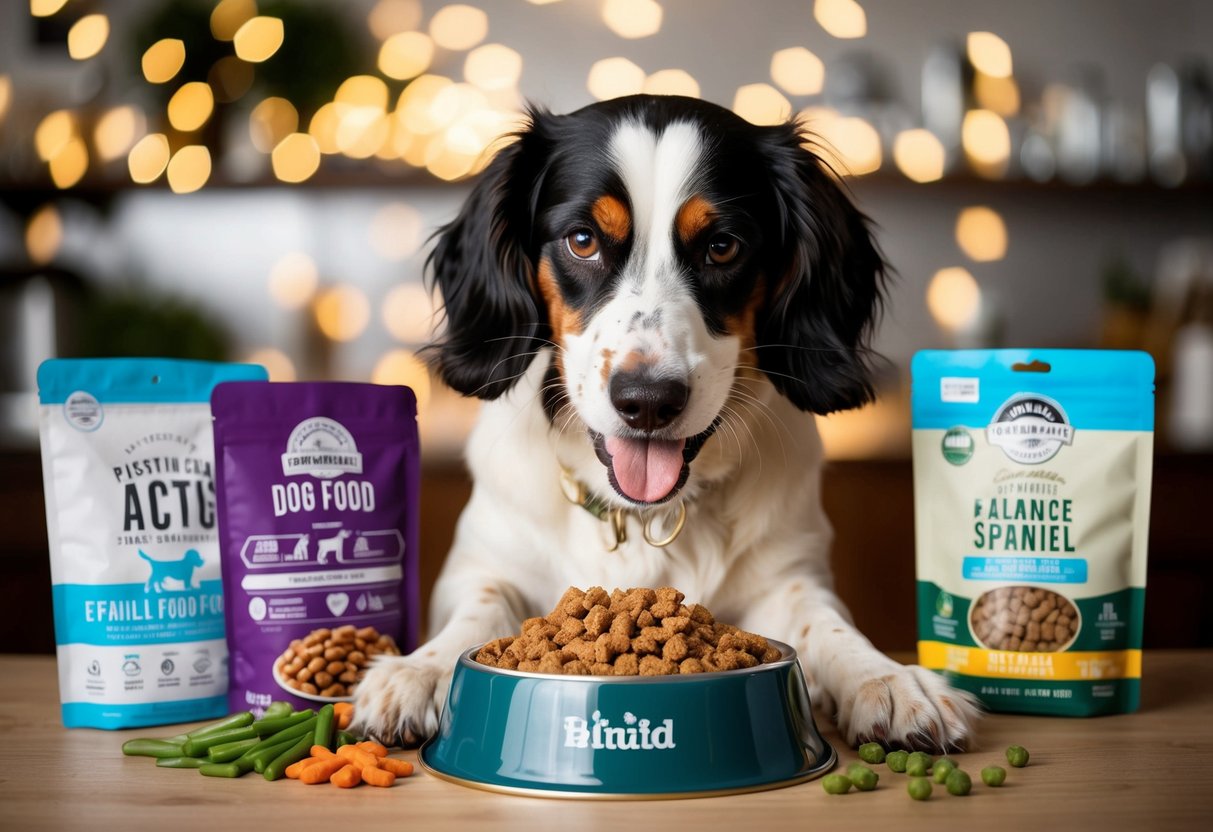 A spaniel happily munching on a bowl of high-quality, balanced dog food, surrounded by different types of dog food packaging and ingredients