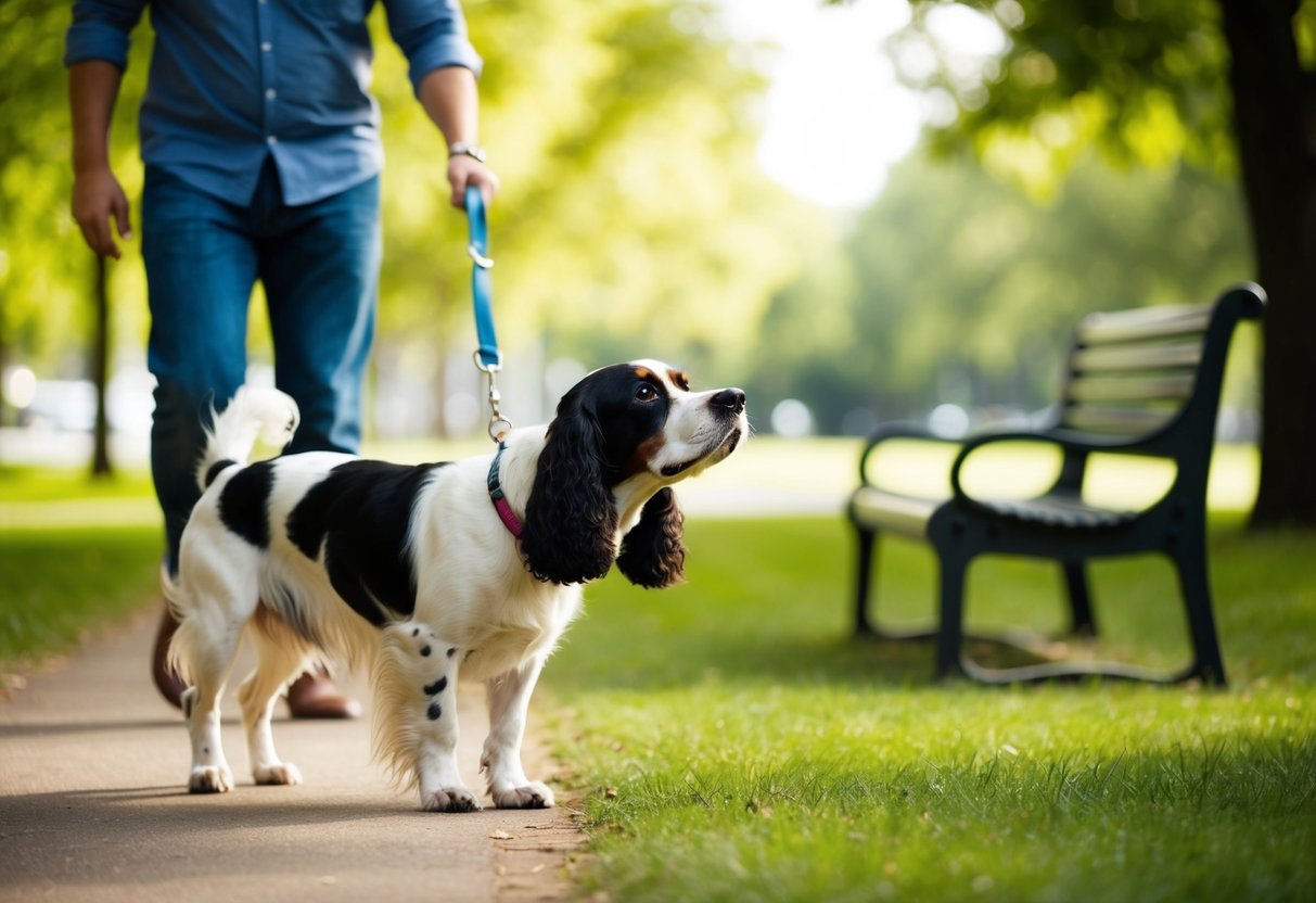 A spaniel follows its owner through a park, gazing up with adoring eyes