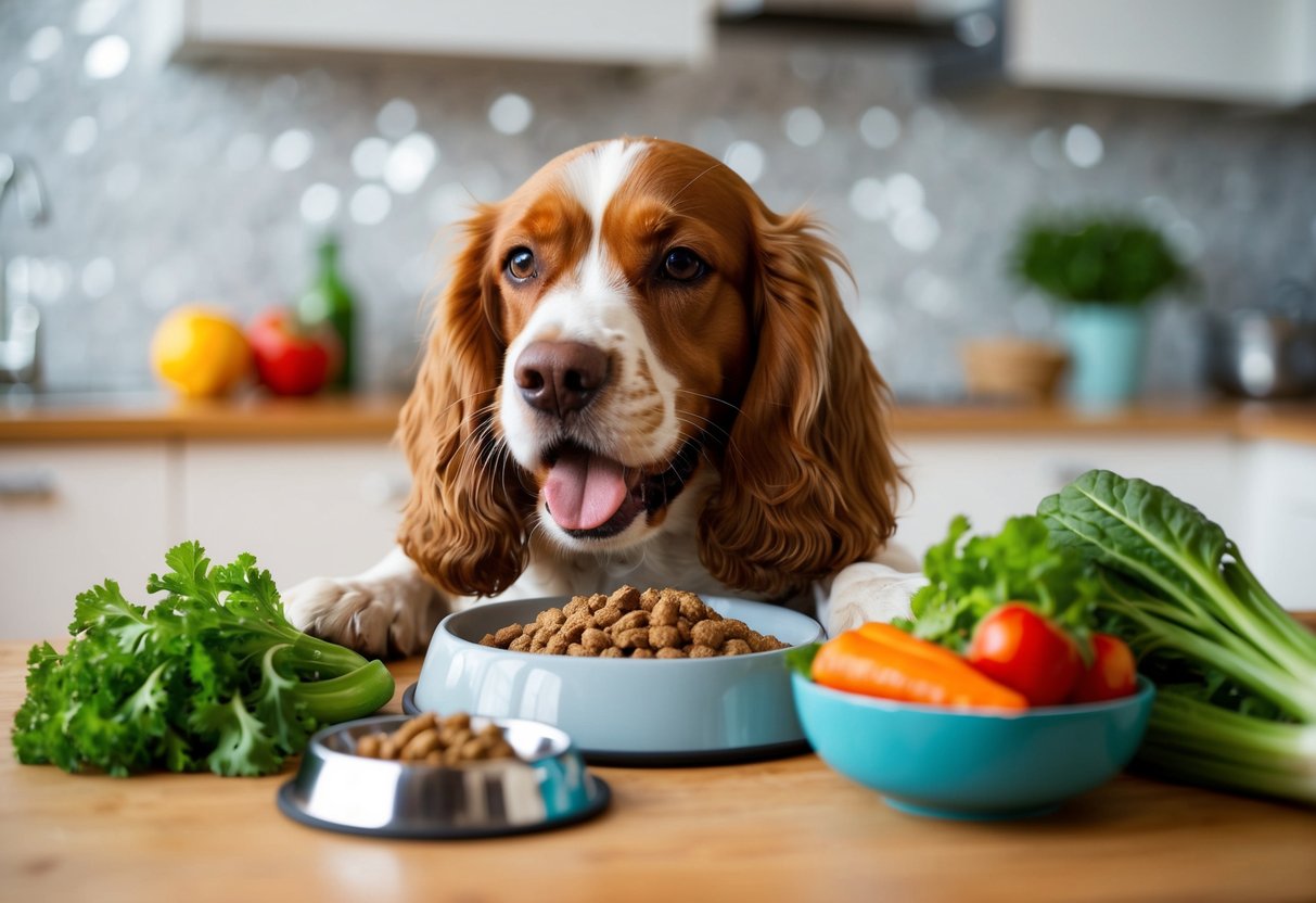 A spaniel happily eating a balanced meal of high-quality dog food, surrounded by fresh vegetables and a bowl of clean water