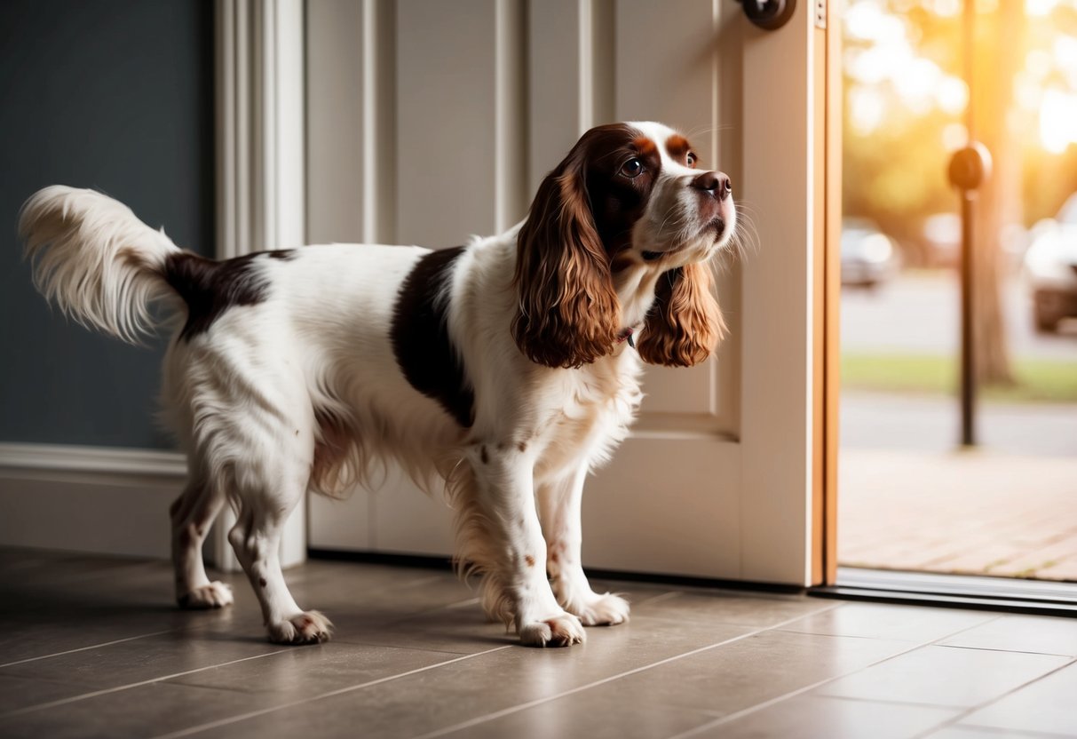 A spaniel paces back and forth, whining at the door as their owner leaves, their eyes filled with worry and longing