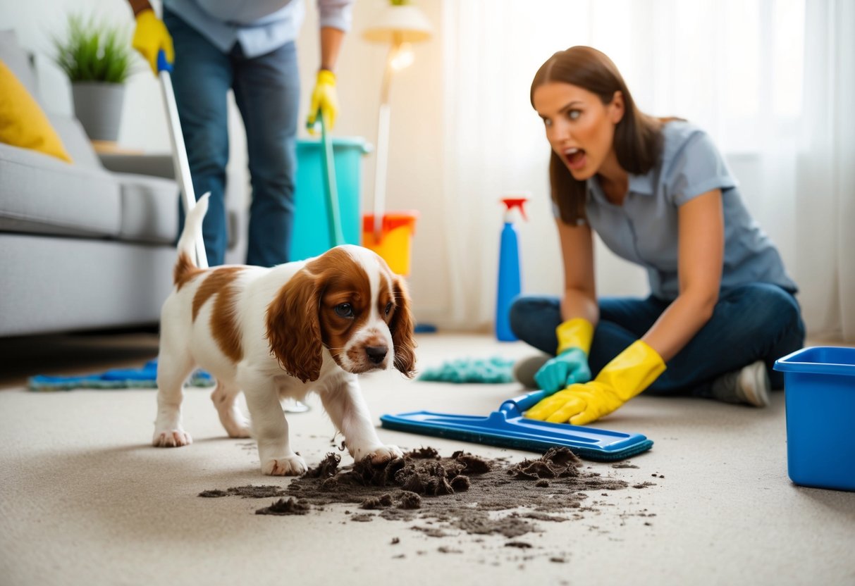 A spaniel puppy has made a mess on the carpet, while a frustrated owner looks on with a mop and cleaning supplies nearby