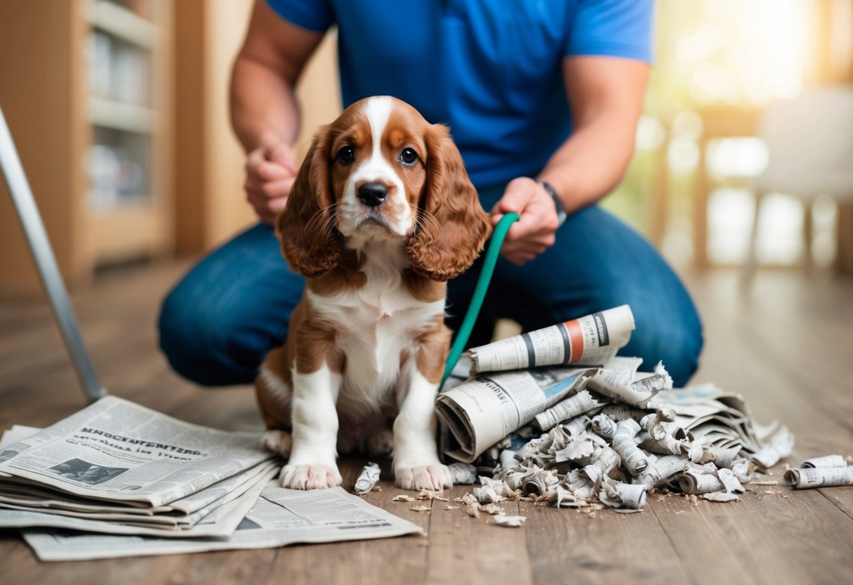 A Cocker Spaniel puppy sits next to a pile of chewed-up newspapers and a frustrated owner holding a leash
