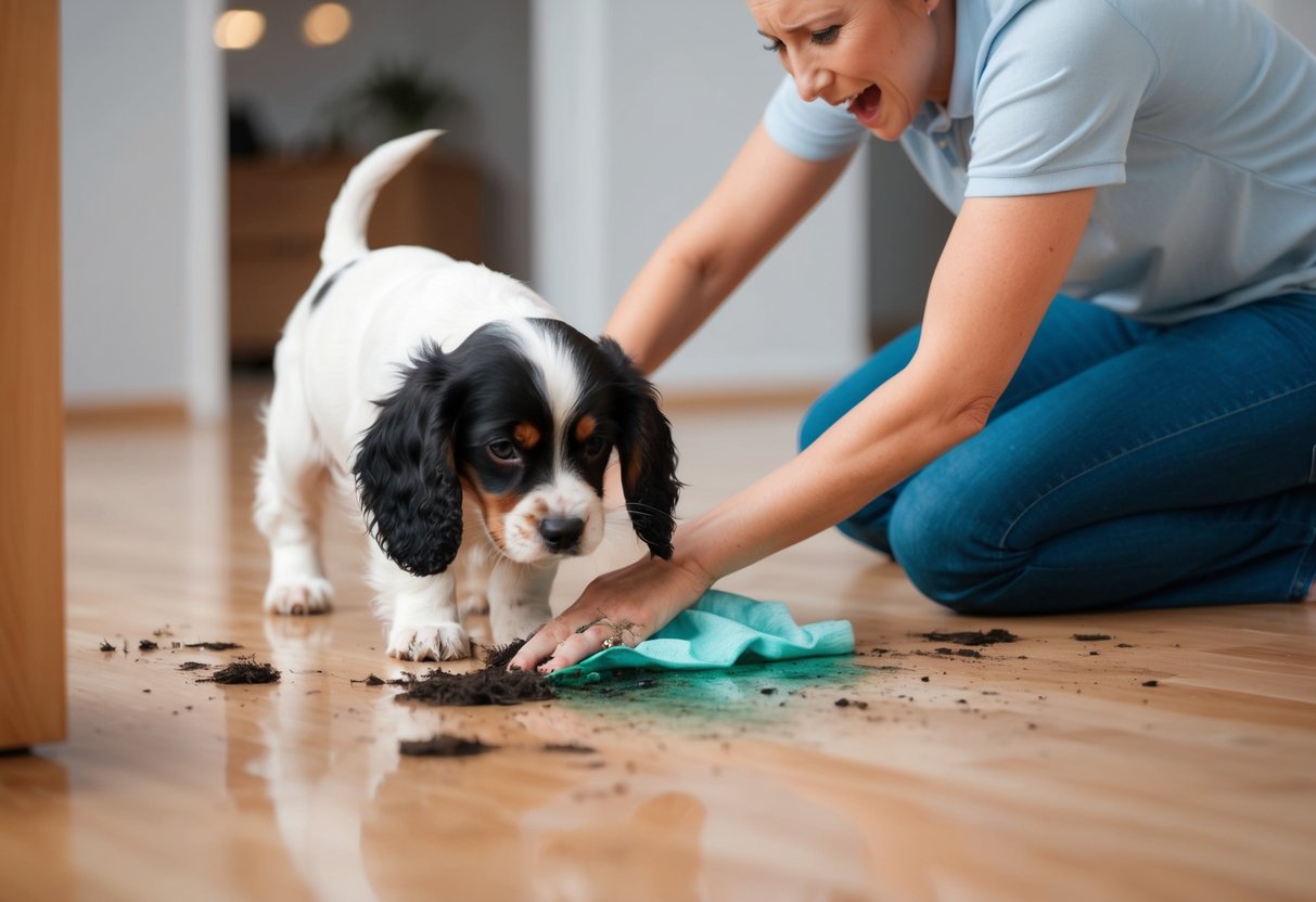 A spaniel puppy having accidents indoors while the frustrated owner tries to clean up the mess