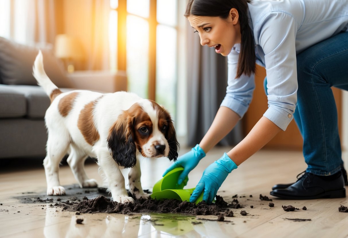 A spaniel puppy makes a mess indoors while an exasperated owner tries to clean up