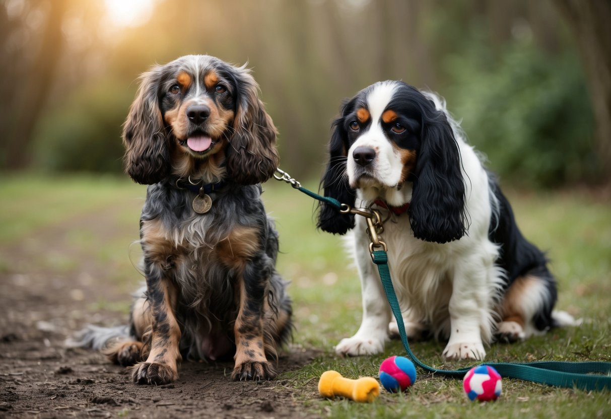A spaniel with tangled fur, muddy paws, and a pleading gaze sits beside a tattered leash and scattered dog toys