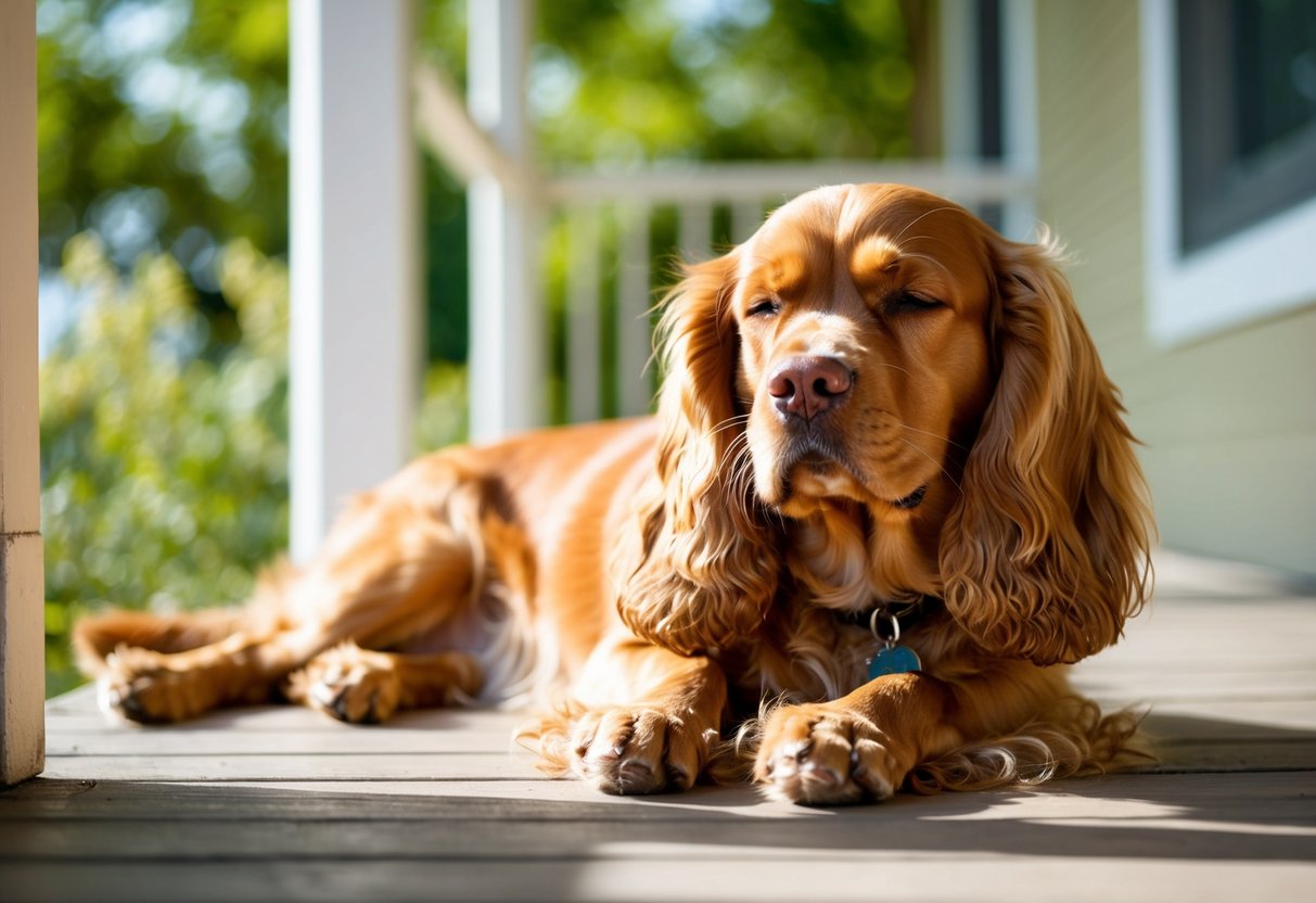A golden spaniel lounges on a sun-dappled porch, ears flopped, eyes half-closed, and a contented smile on its face
