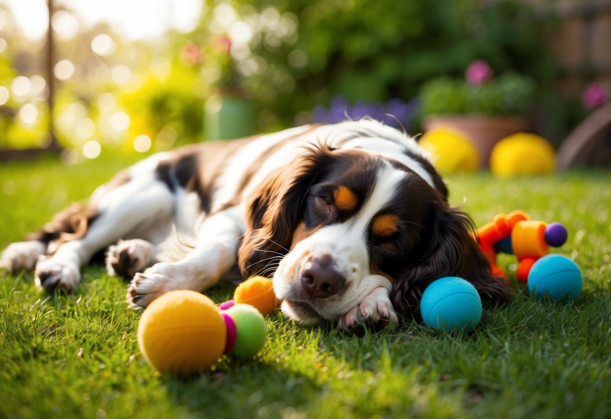 A sleepy, relaxed spaniel lounging in a sun-dappled garden, surrounded by toys and a peaceful atmosphere