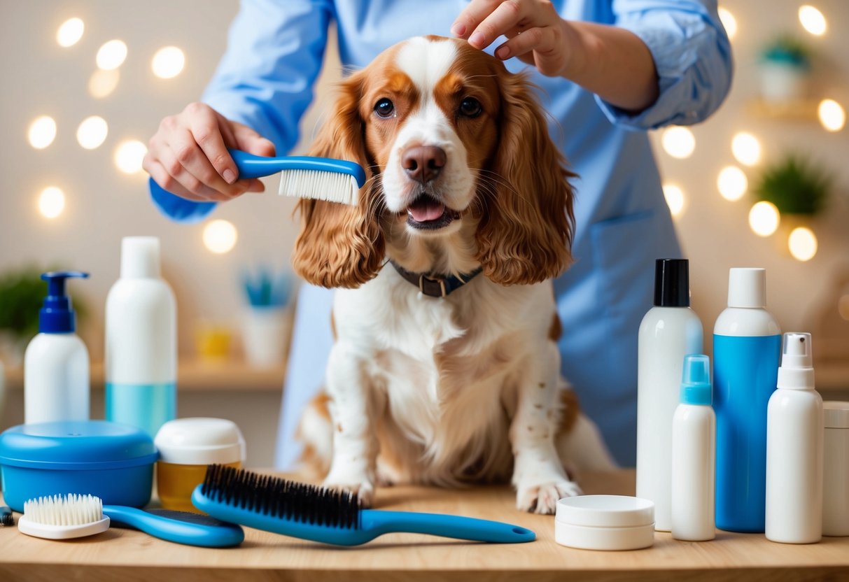 A spaniel being groomed with a brush and comb, surrounded by various grooming and health care products