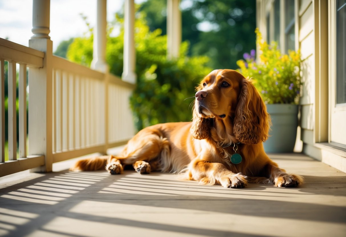 A golden spaniel lounges on a sun-drenched porch, surrounded by lush greenery and a gentle breeze
