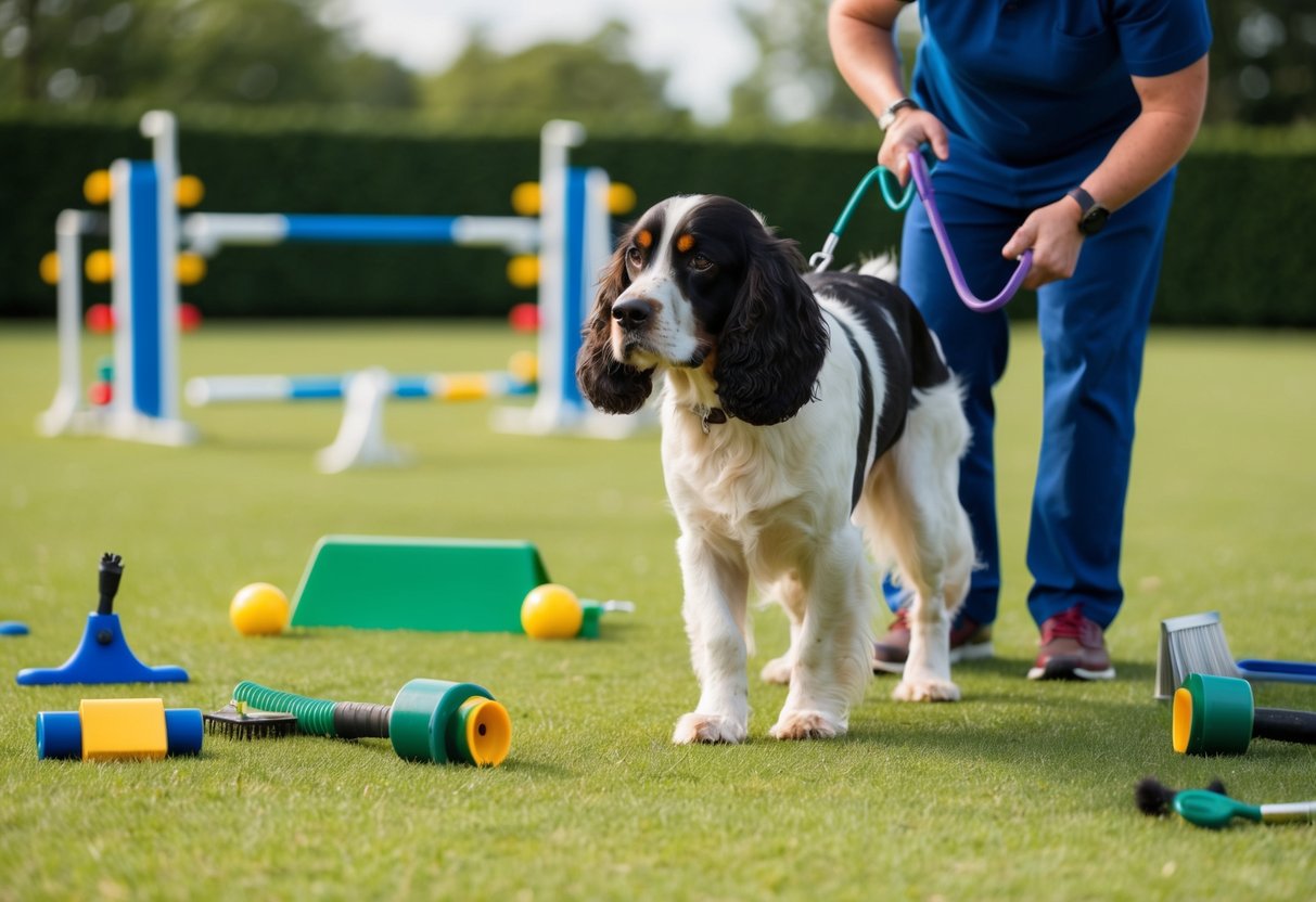 A spaniel being groomed and trained in a well-maintained, spacious yard with various agility equipment and grooming tools scattered around