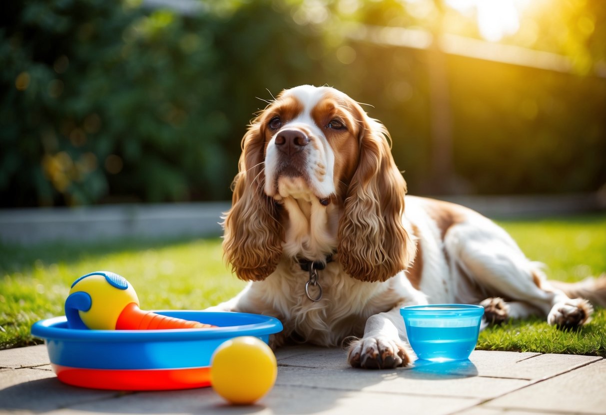 A contented spaniel lounges in a sunlit backyard, surrounded by toys and a water bowl. Its relaxed expression and loose body language exude a calm and easygoing nature