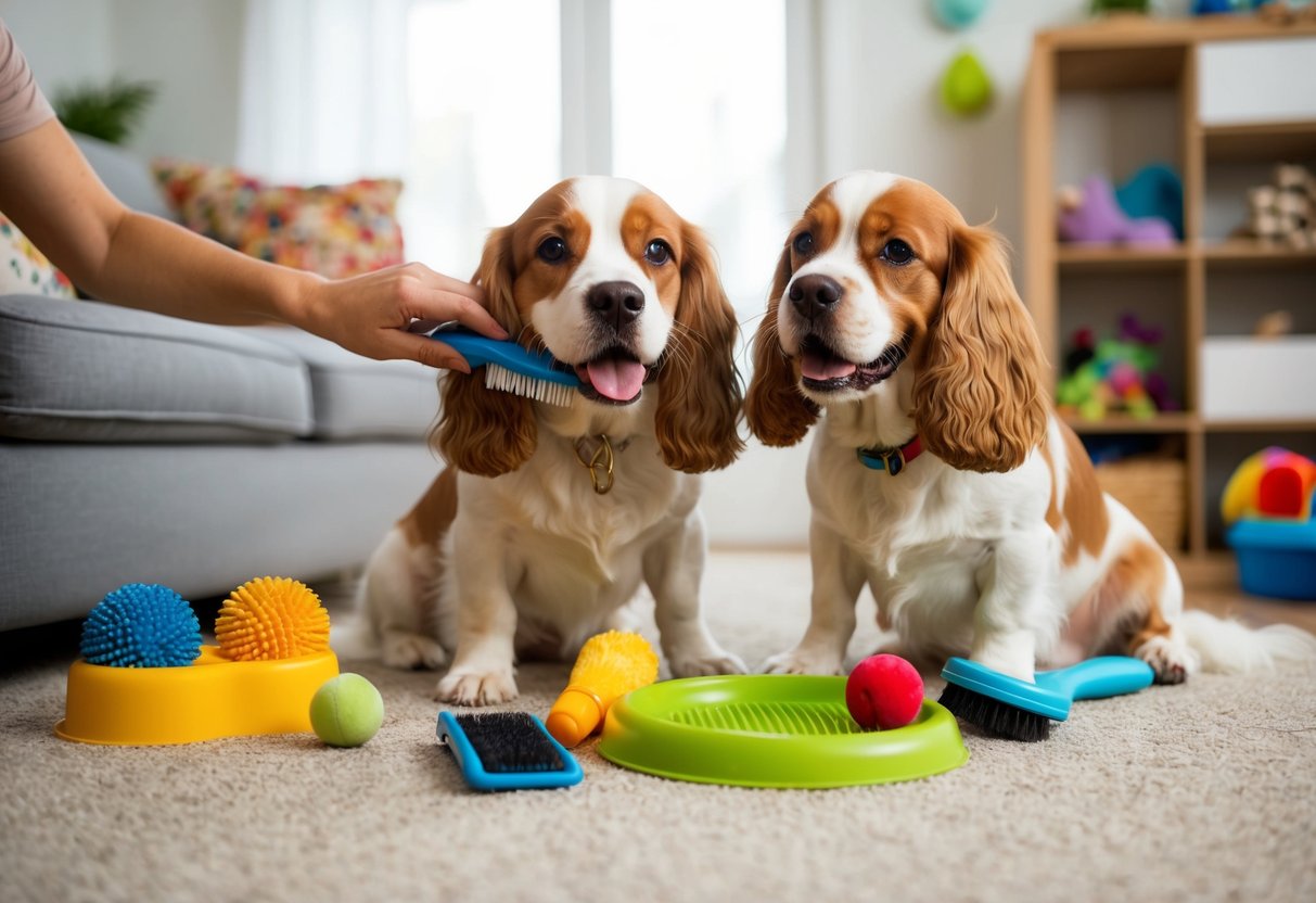 Two spaniels in a cozy living room, surrounded by toys and grooming supplies. One is getting brushed while the other eagerly waits for attention