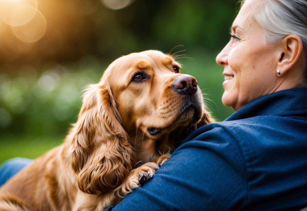 A golden Cocker Spaniel nuzzles into its owner's lap, gazing up with adoring eyes