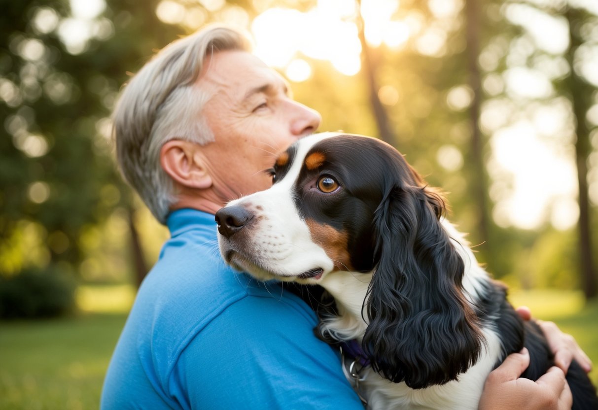 A spaniel nuzzles up to its owner, wagging its tail and looking up with adoring eyes