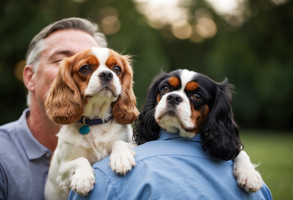 A Cavalier King Charles Spaniel nuzzles its owner's cheek, tail wagging. Another spaniel rests its head on its owner's lap, gazing up with adoring eyes