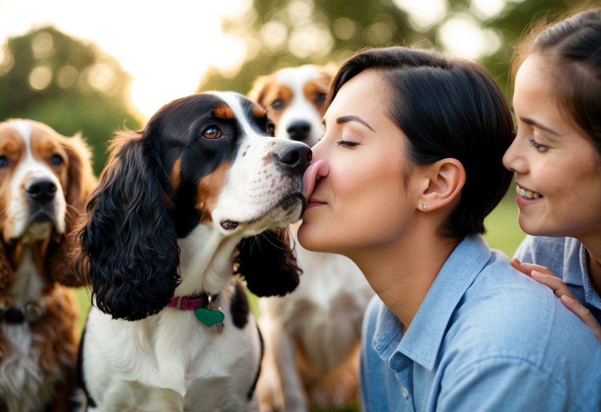 A spaniel nuzzles and licks the face of a person while other affectionate breeds watch from the background