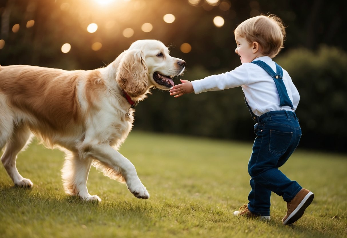 A golden spaniel wagging its tail, approaching a smiling child with outstretched arms