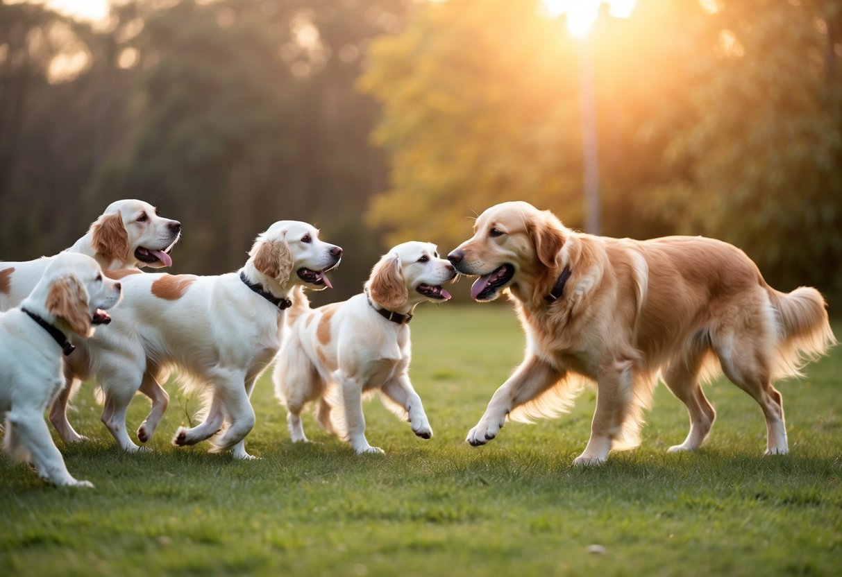 A golden retriever approaches a group of spaniels, wagging its tail eagerly. The spaniels greet the retriever with wagging tails and playful barks