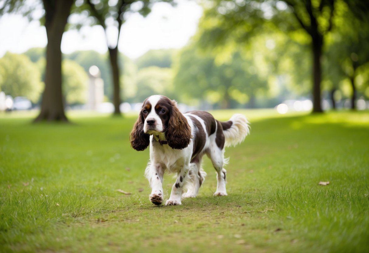 A spaniel walks through a lush green park, sniffing the ground and wagging its tail