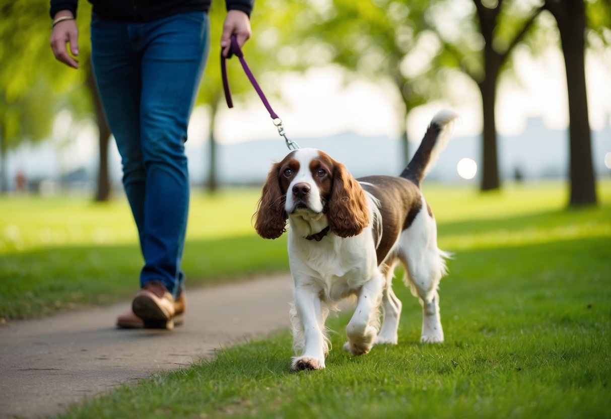 A spaniel walking through a park with a leash in its owner's hand, surrounded by trees and grass