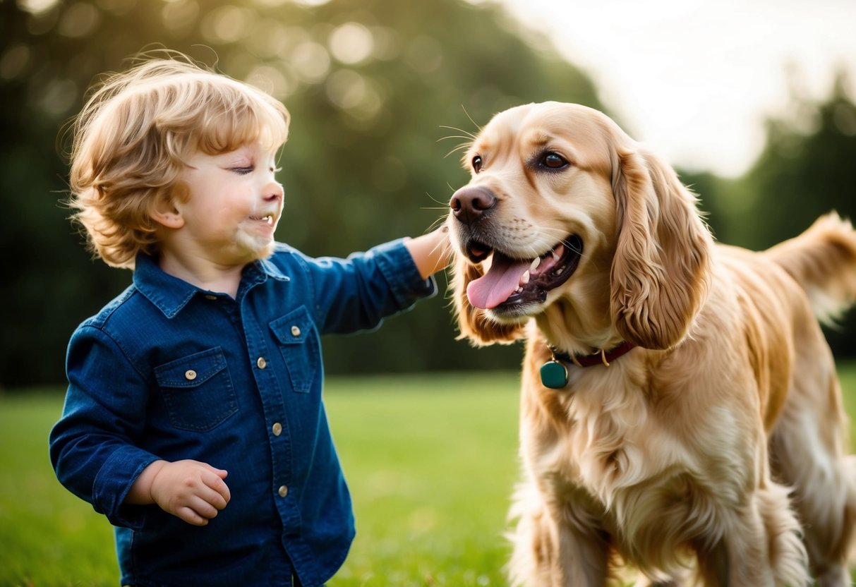 A golden spaniel eagerly greets a smiling child with a wagging tail and a playful demeanor