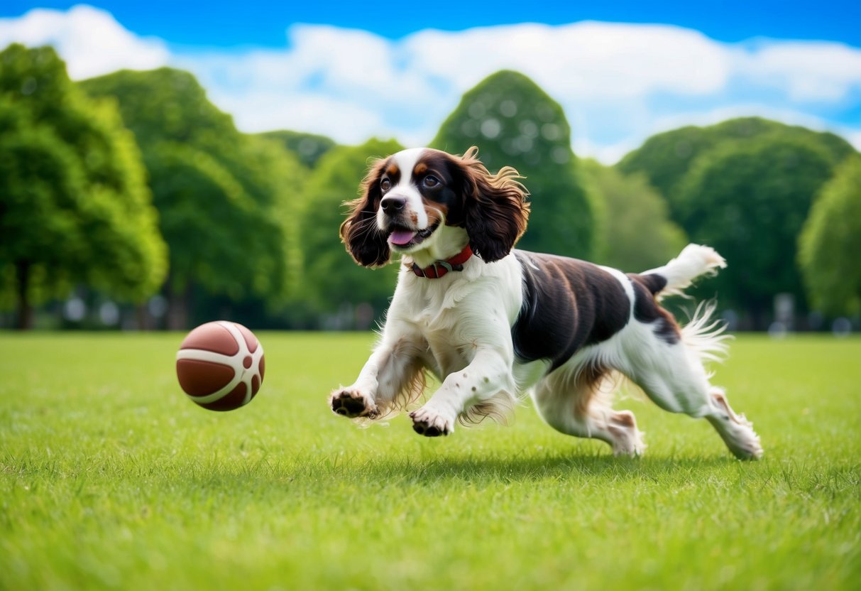 A spaniel playing fetch in a lush, green park with a bright blue sky overhead